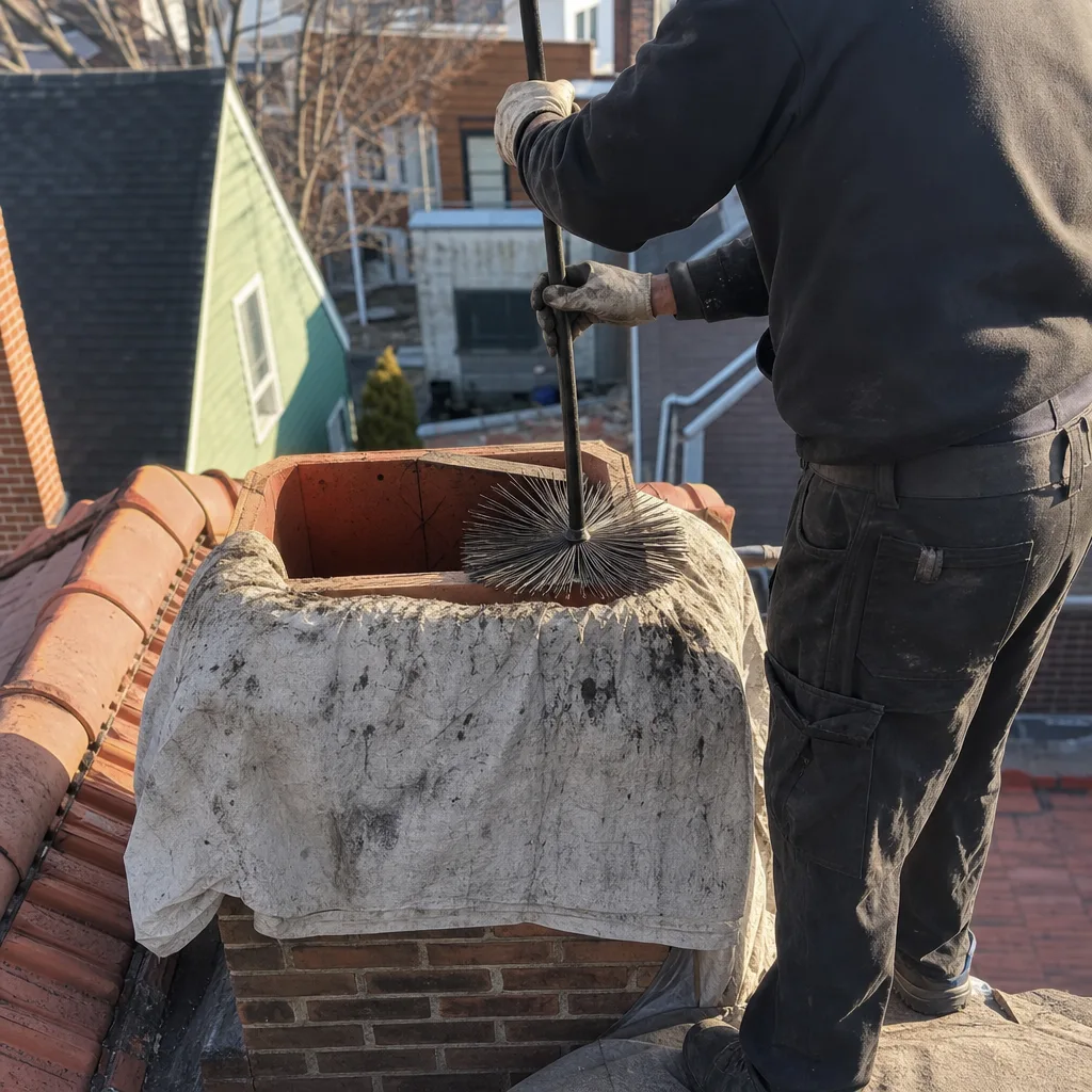 Professional chimney sweep cleaning a residential brick chimney on a roof