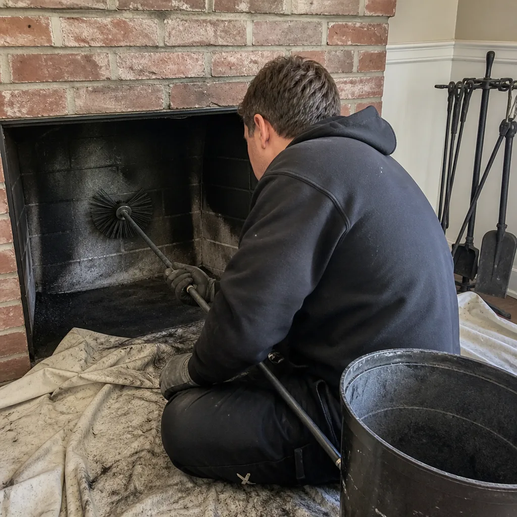 Professional chimney sweep cleaning a brick fireplace with a soot brush