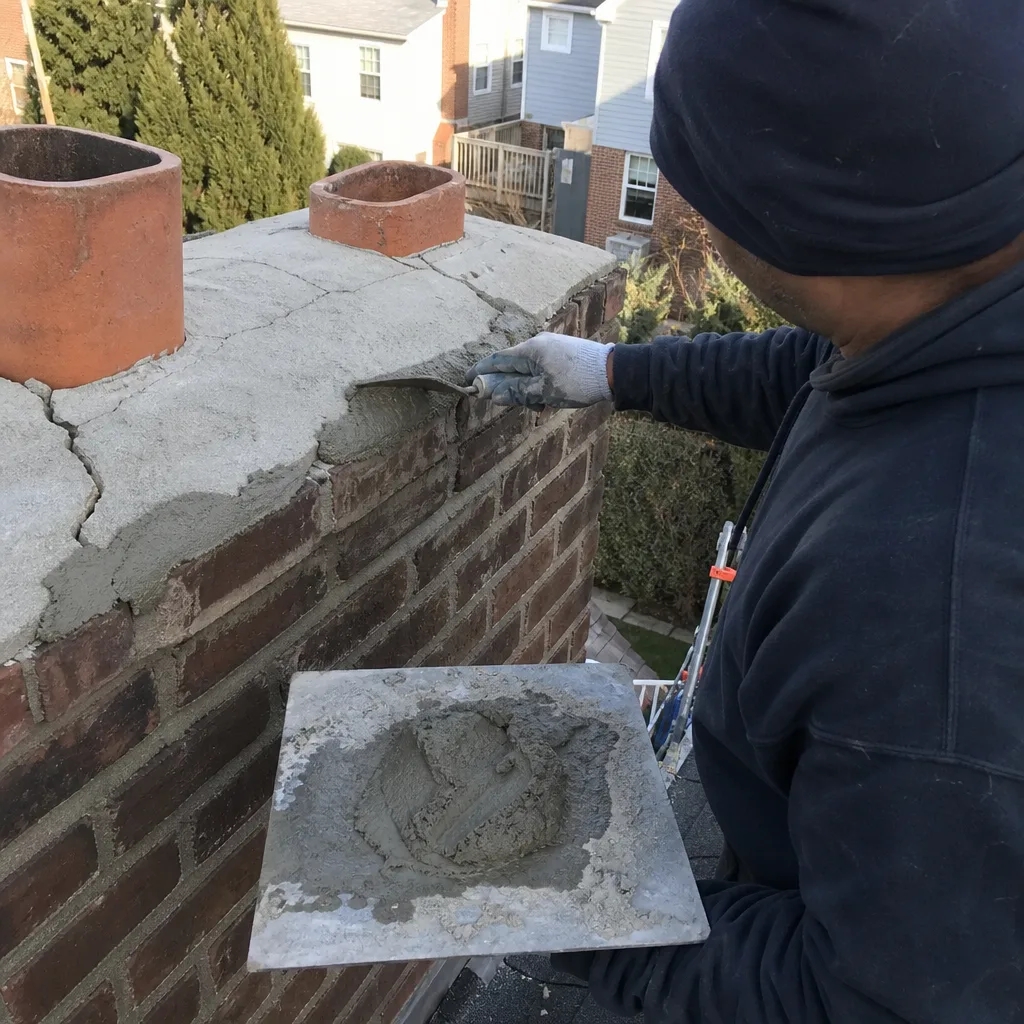 Professional contractor performing mortar repair on a brick chimney crown