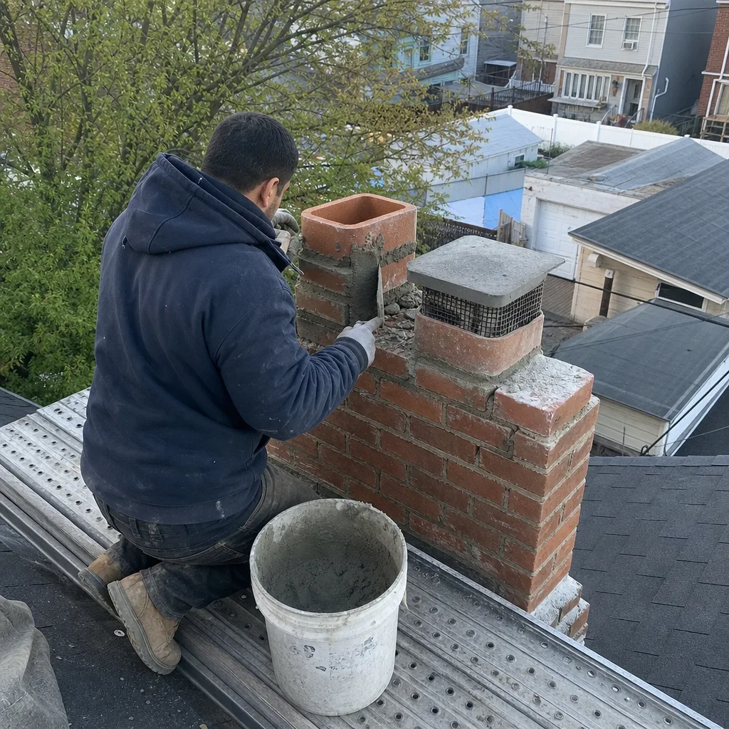 Professional contractor performing chimney brick repair on a residential rooftop