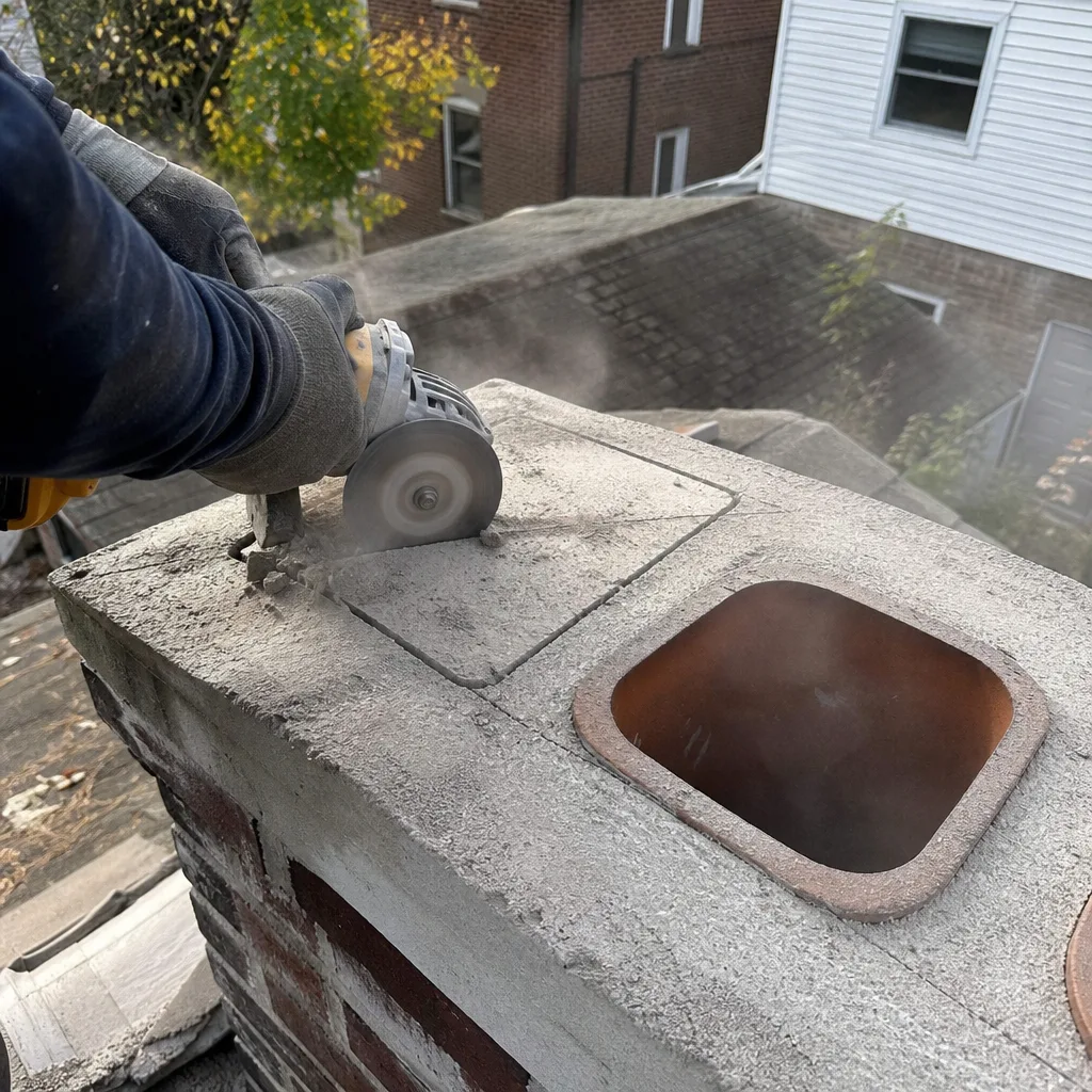Professional contractor repairing a concrete chimney crown with a power tool