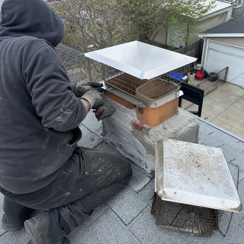 Technician installing a new stainless steel chimney cap and crown in Brooklyn, NY