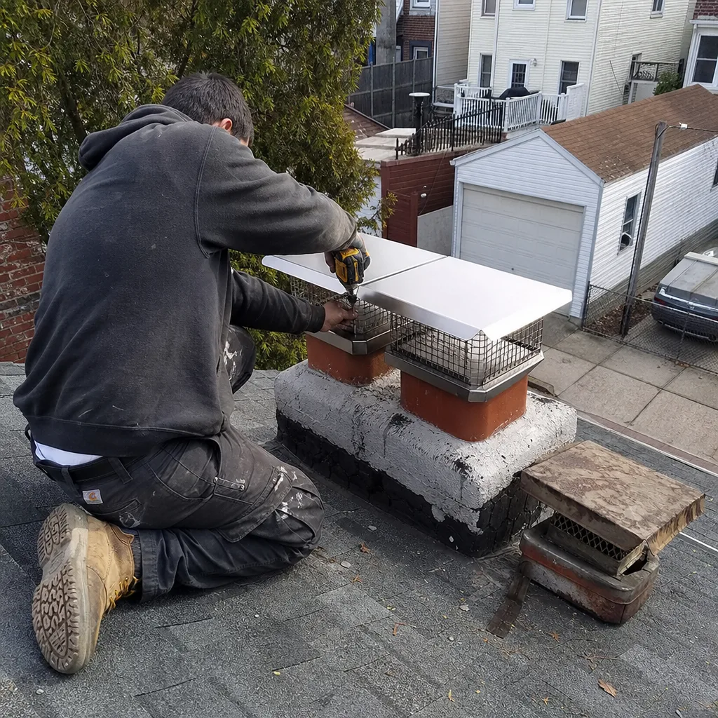 Technician installing new metal chimney caps on a brick chimney crown in Brooklyn, NY
