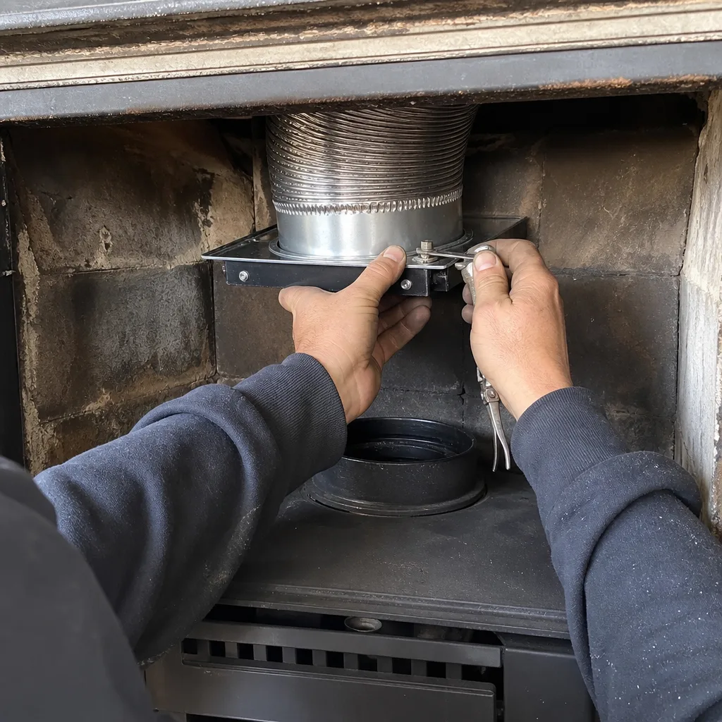 Professional technician installing a stainless steel chimney liner in a fireplace in Brooklyn, NY